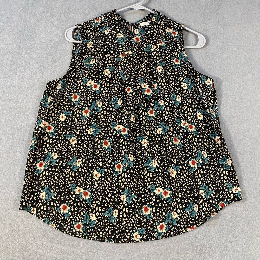 Pleione Petite Women’s Black Floral Sleeveless Blouse with Scarf Neck, size XSP